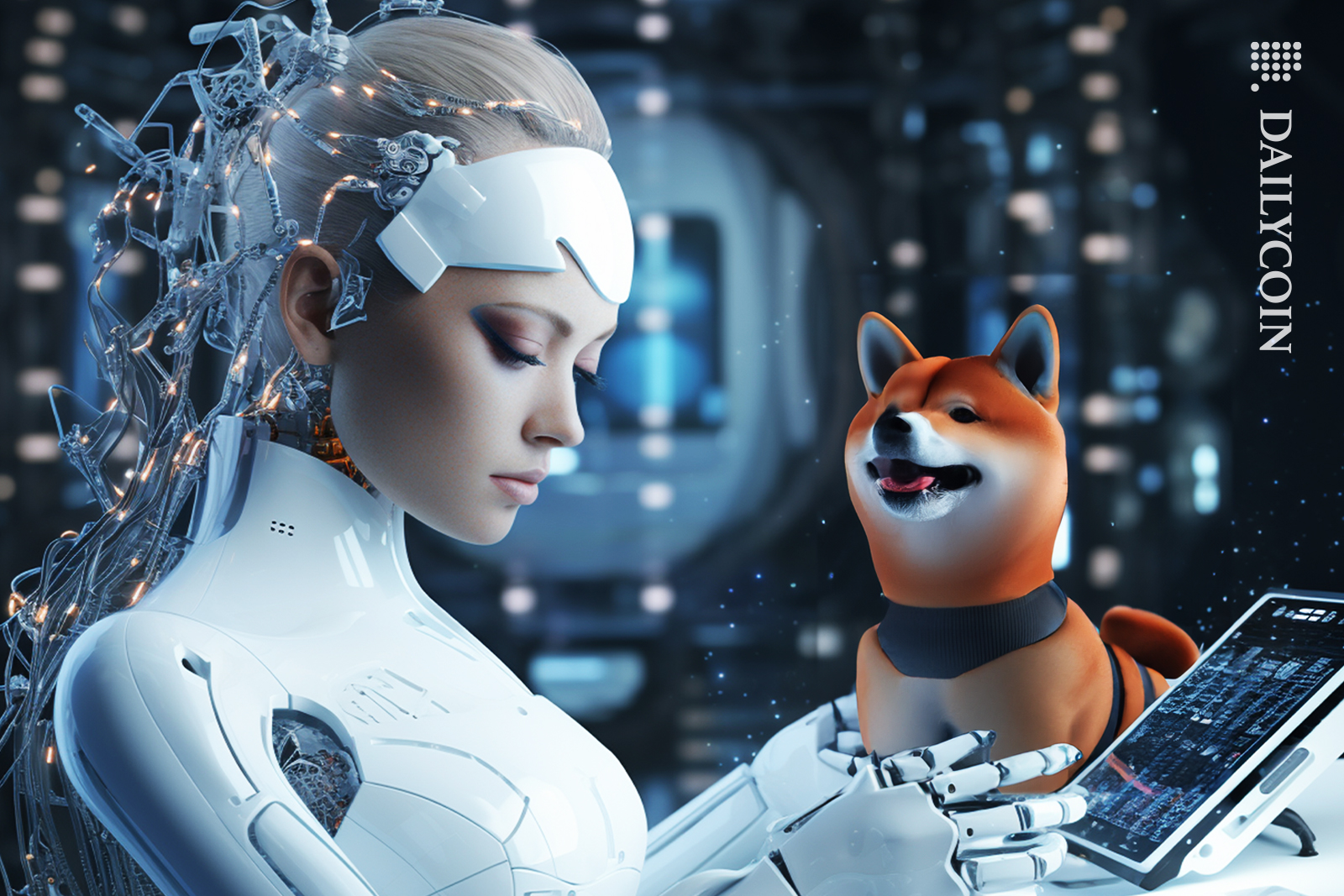 Shiba inu with an AI robot making plans.