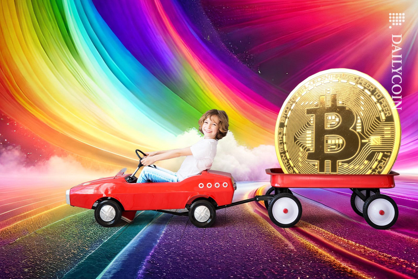 Boy in a toy car taking a Bitcoin on a ride.