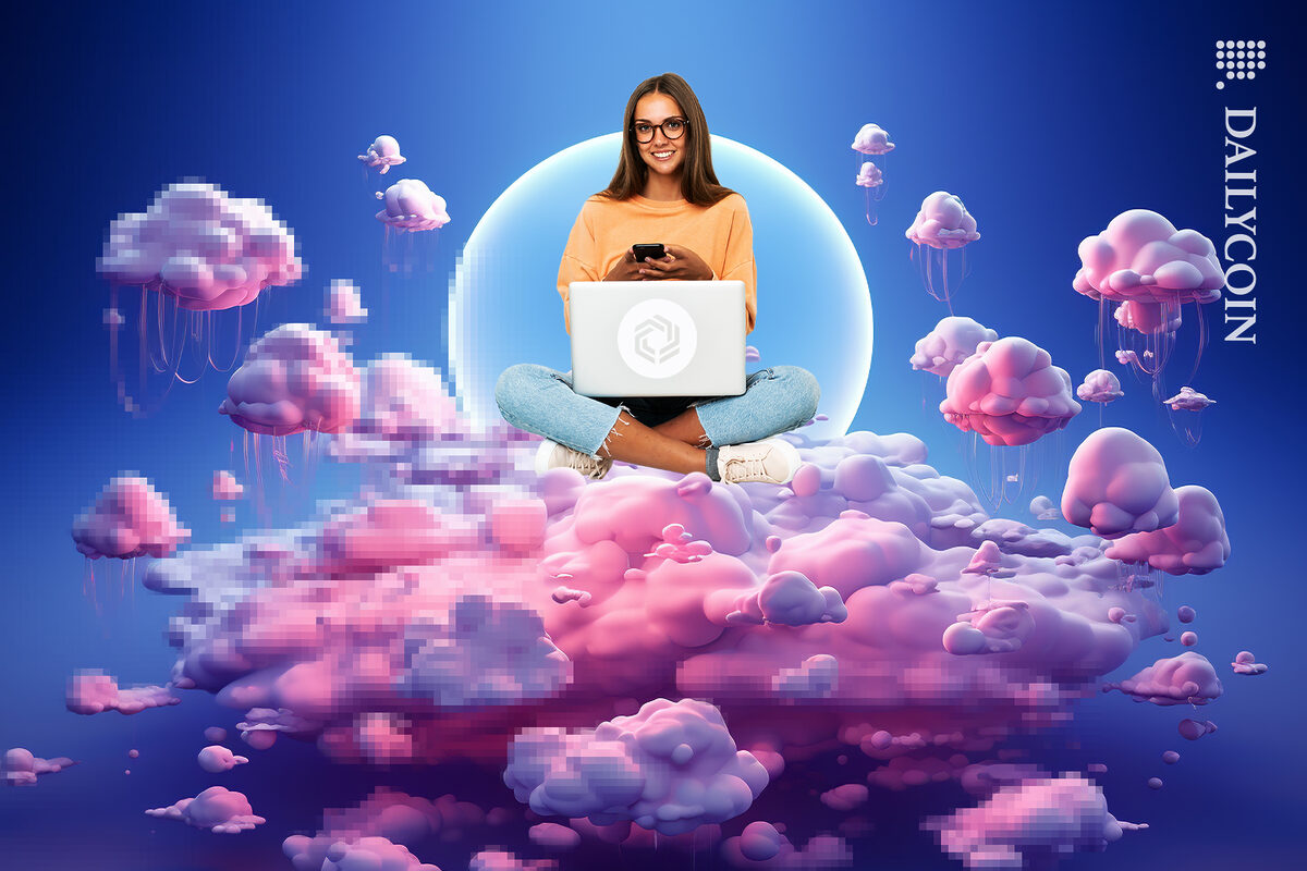 Girl on clouds playing blockchain games.