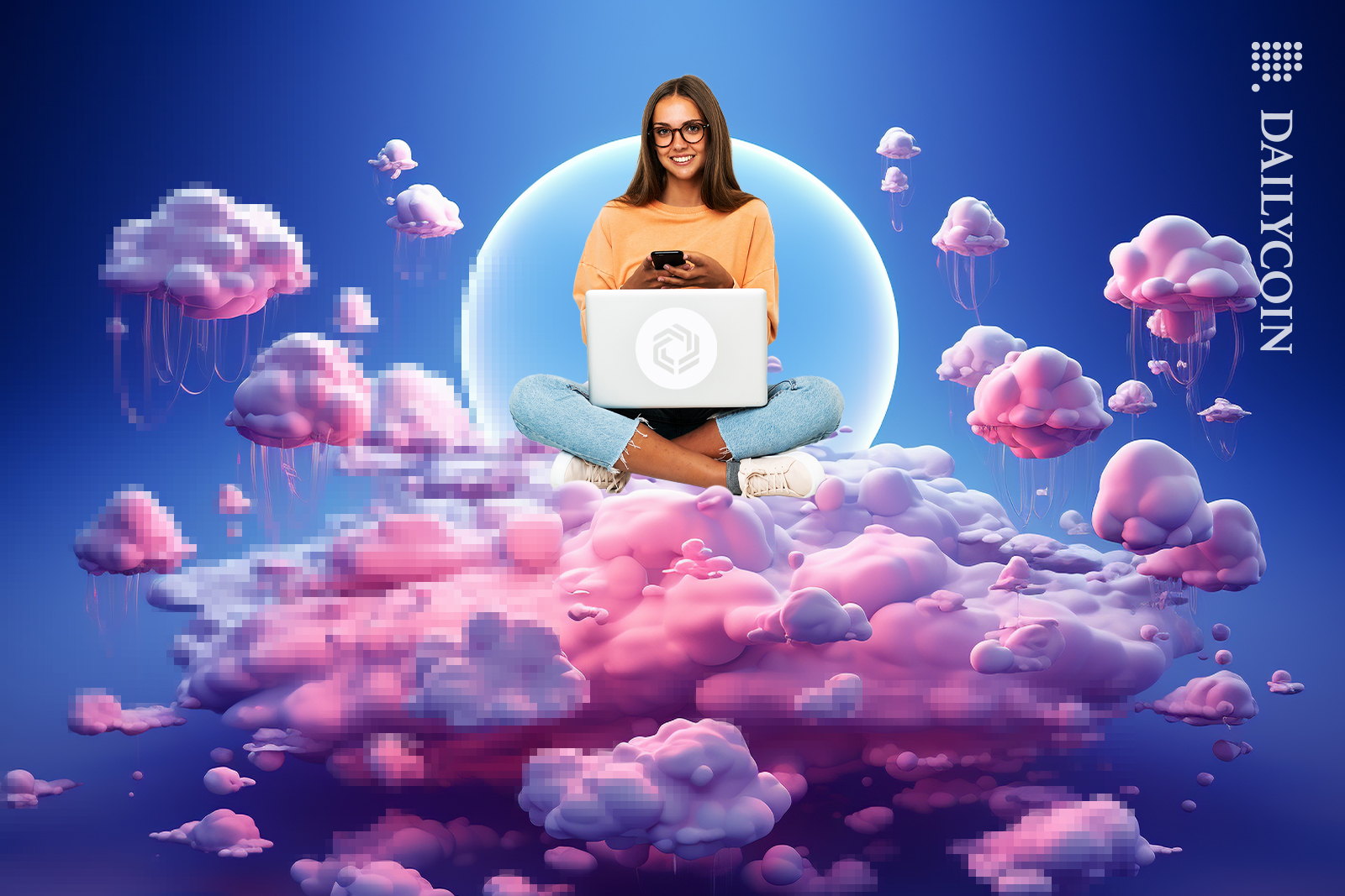 Girl on clouds playing blockchain games.