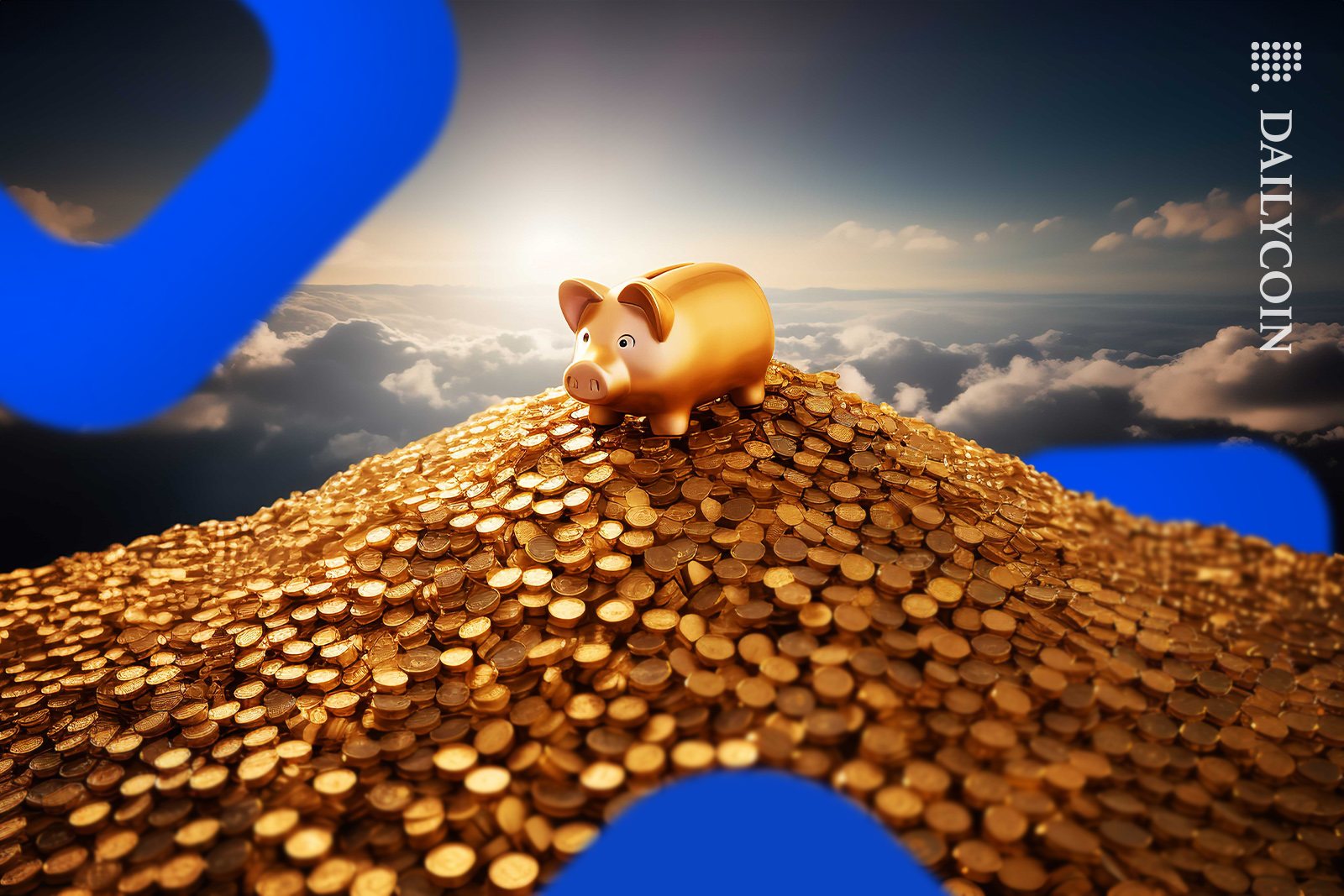 A Piggybank is on a mountain of golden coins with BlockFi logos floating around.