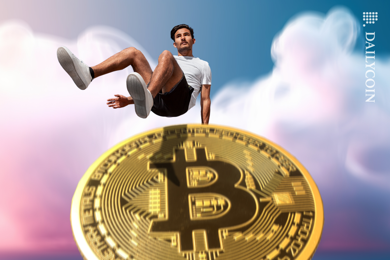 Guy in the sky jumping over Bitcoin.