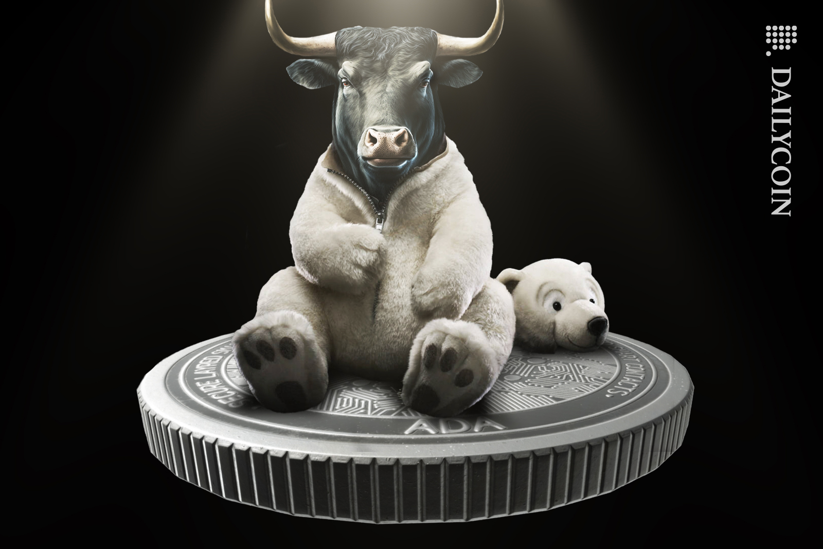 A bull unzipping his bear costume on a Cardano coin.