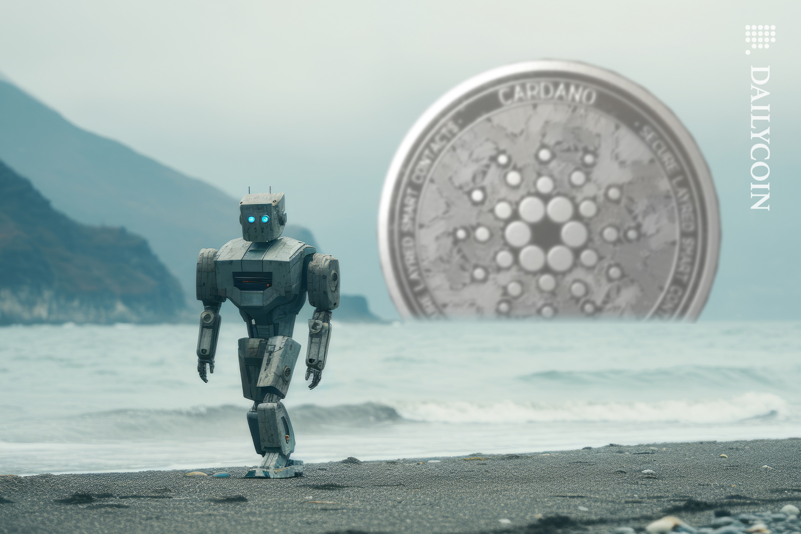 Sad Robot walking across the beach with sloomy weather and Cardano coin in the horizon.