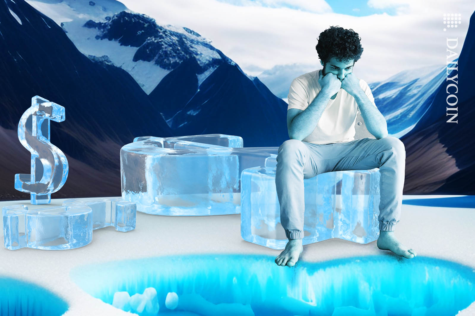 Sad man sitting on frozen dollar signs in an icey mountainous environment.
