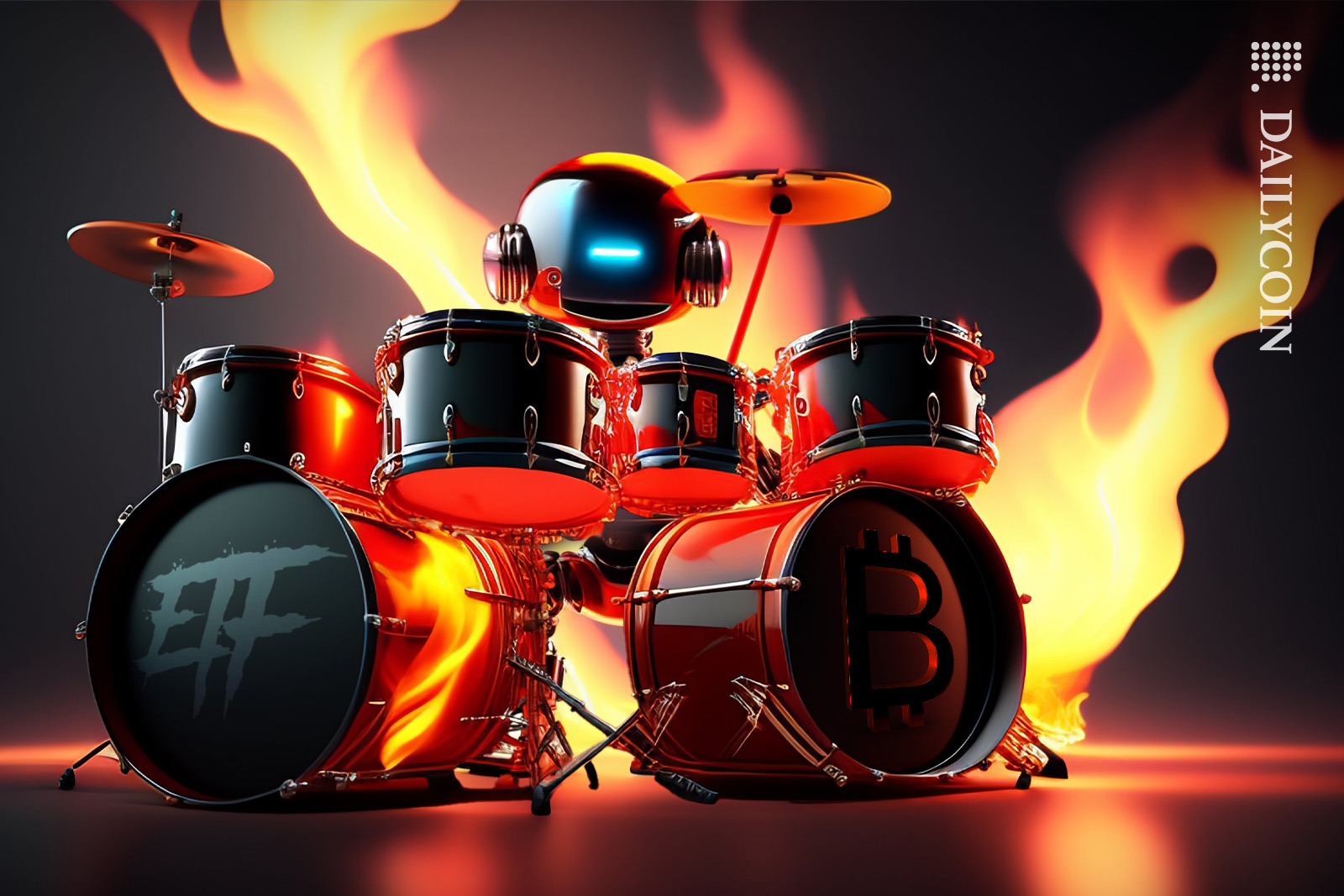 Robot playing the drums of Bitcoin & ETF.