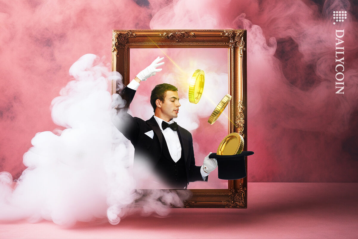 Magician putting coins in his hat in a frame with smoke.