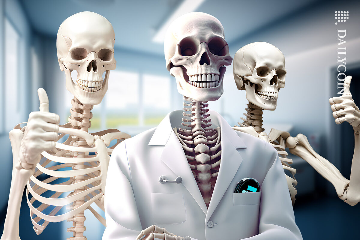 Three skeleton doctors are going to work on a coin.