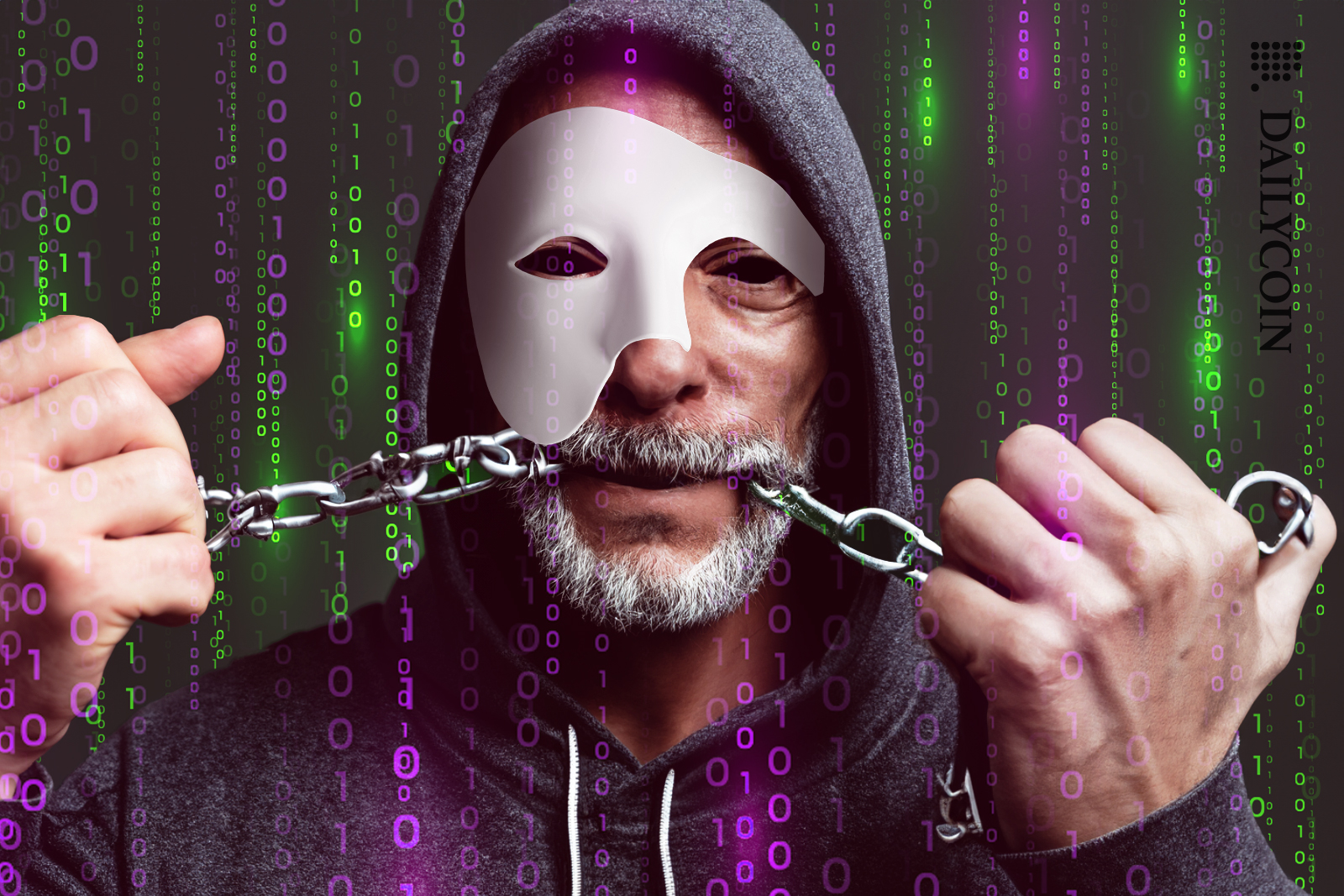 Hacker with a mask biting on a chain.
