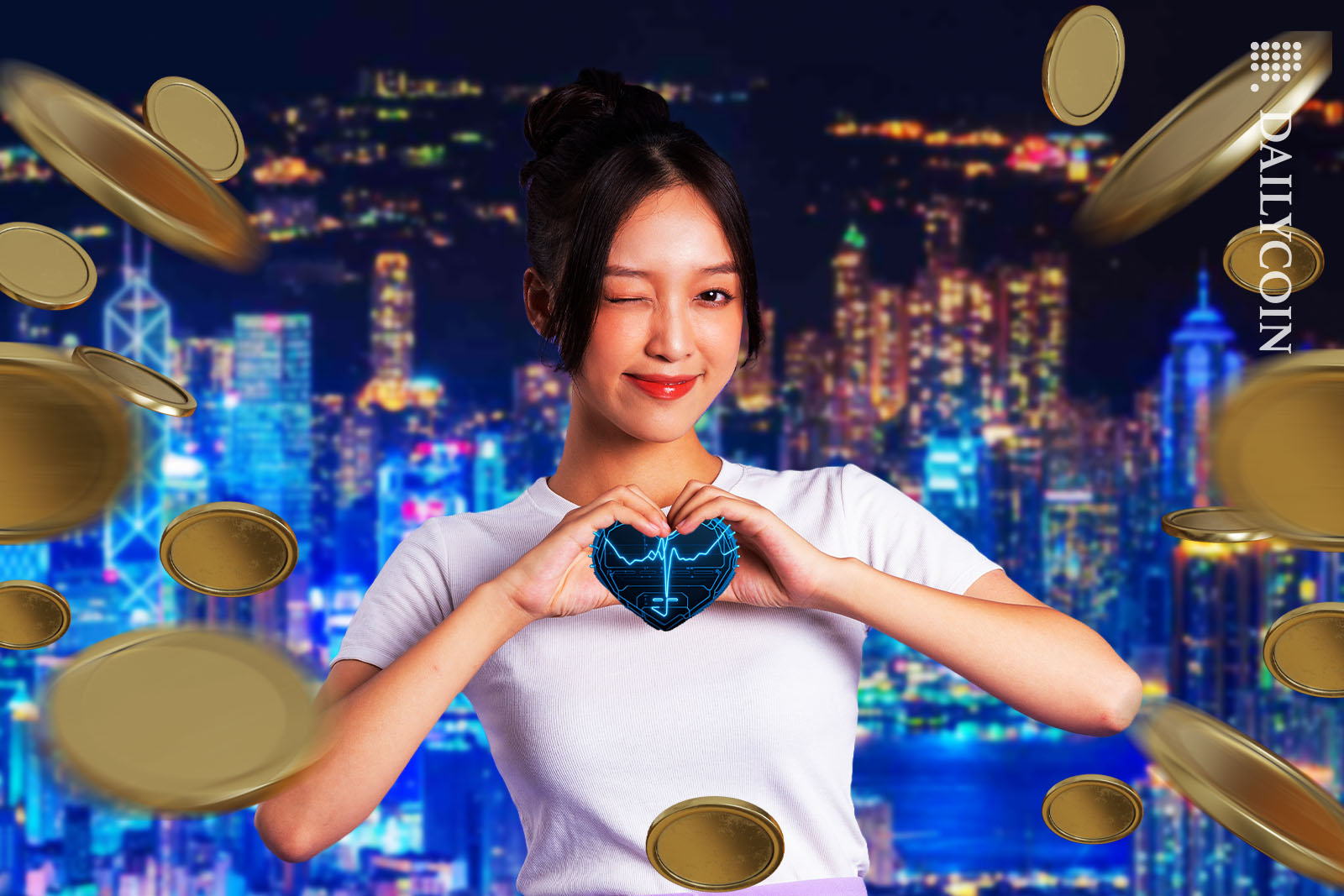 A girl from Hong Kong winking and showing love to digital coins.