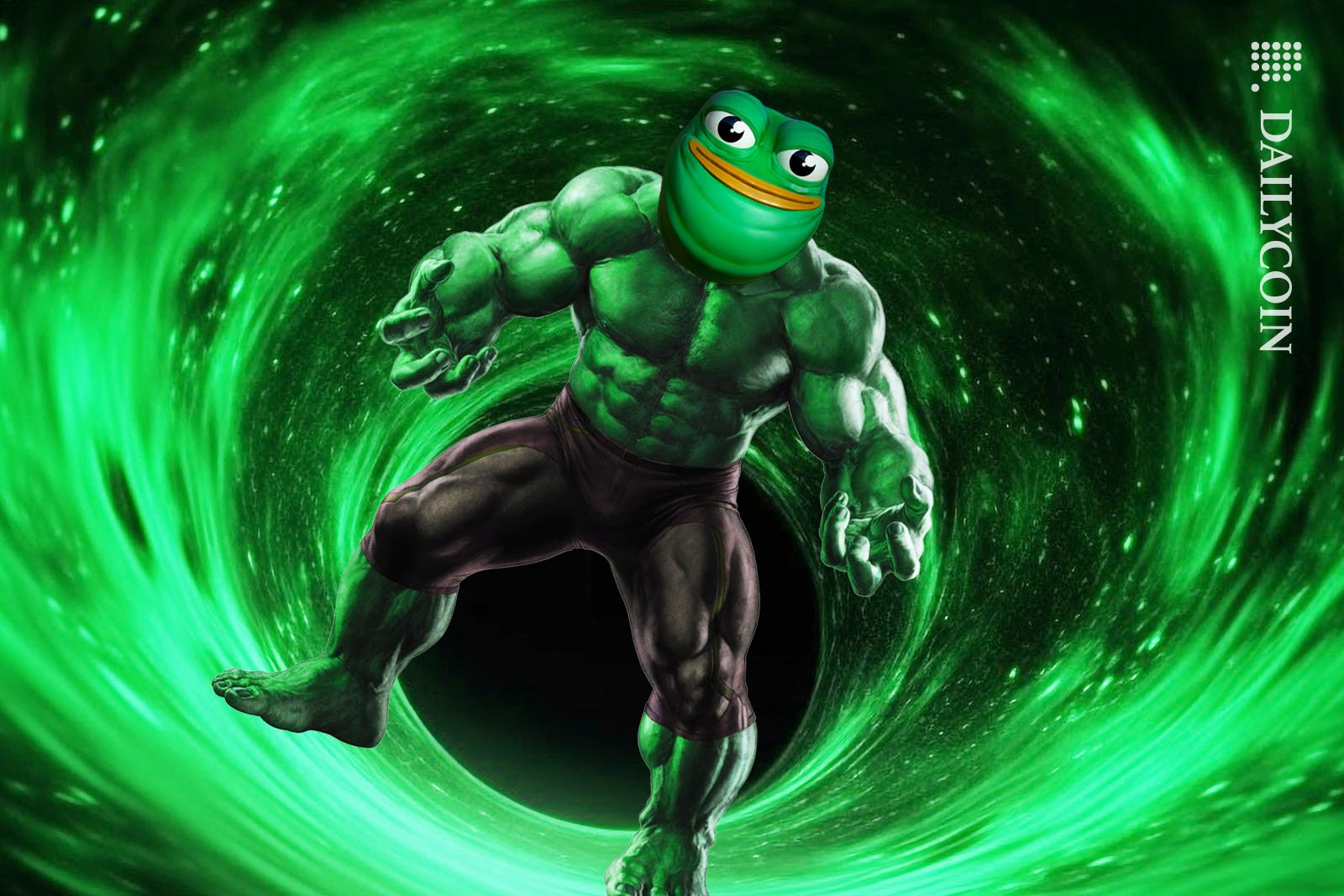 PEPE is strong as the Hulk in a green fire circle.