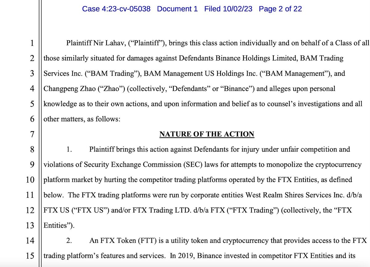 Lawsuit extract displaying allegations against Binance and CZ. 