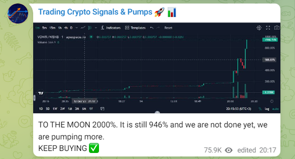Screenshot of a pump post on the Telegram group organizing the pump signal trading.