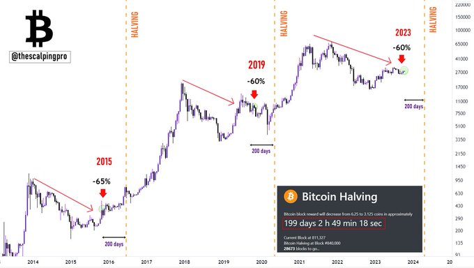 Chart showing similarities with Bitcoin in the run-up to the halving events in its history.