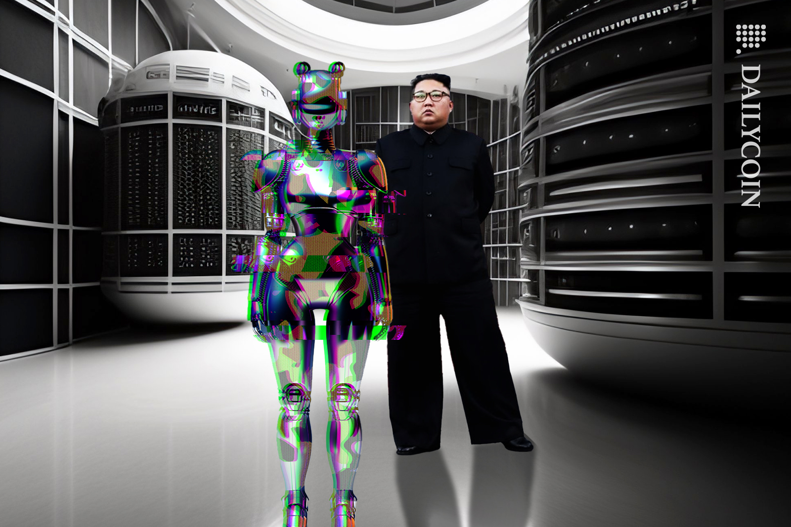 Kim Jon Un with his new camouflage glitching robot.