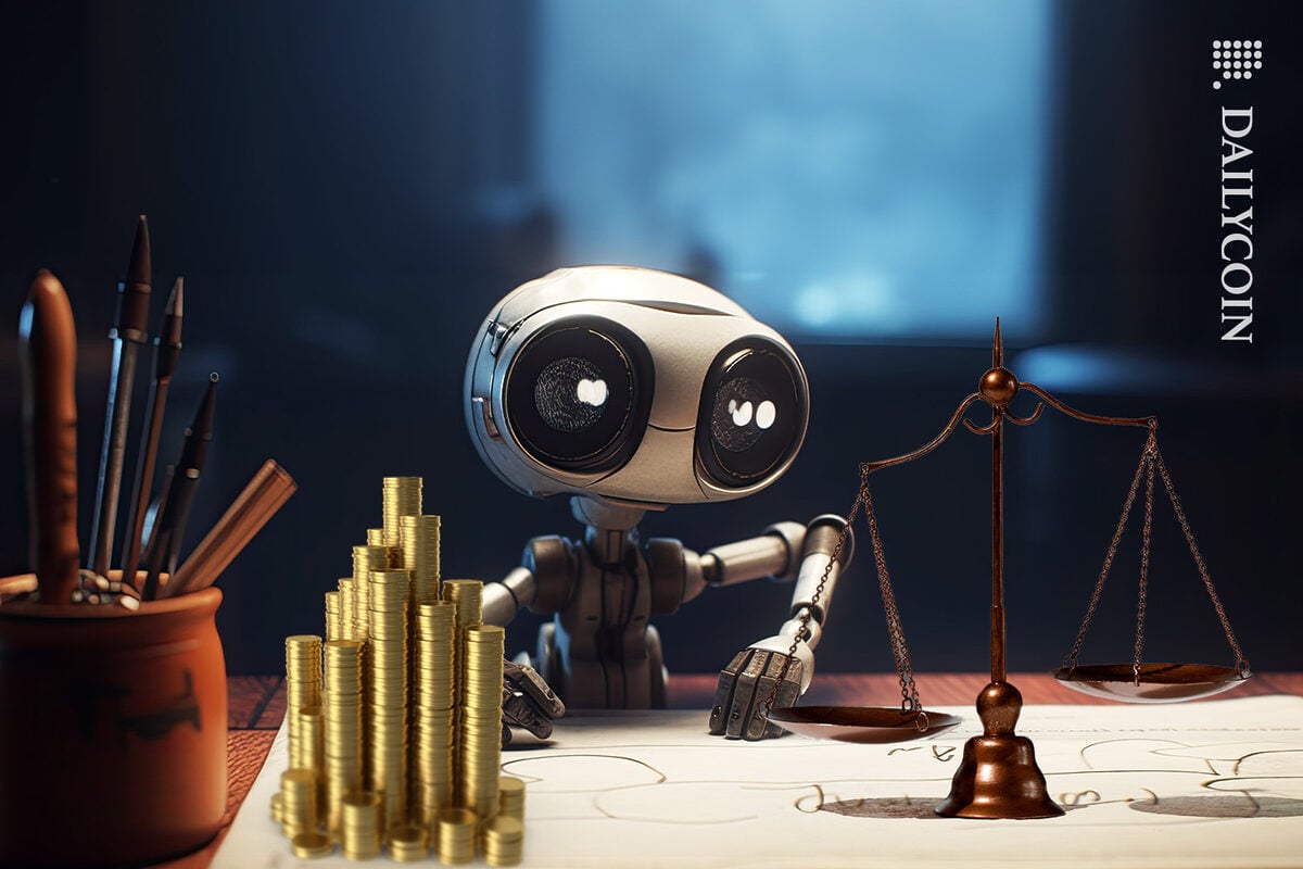 Robot looking at the law scales, with his crypto coins.