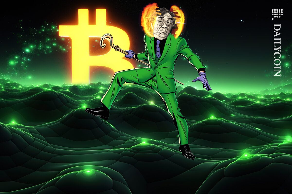Satoshi Nakamoto dressed as the riddler in Bitcoin land.