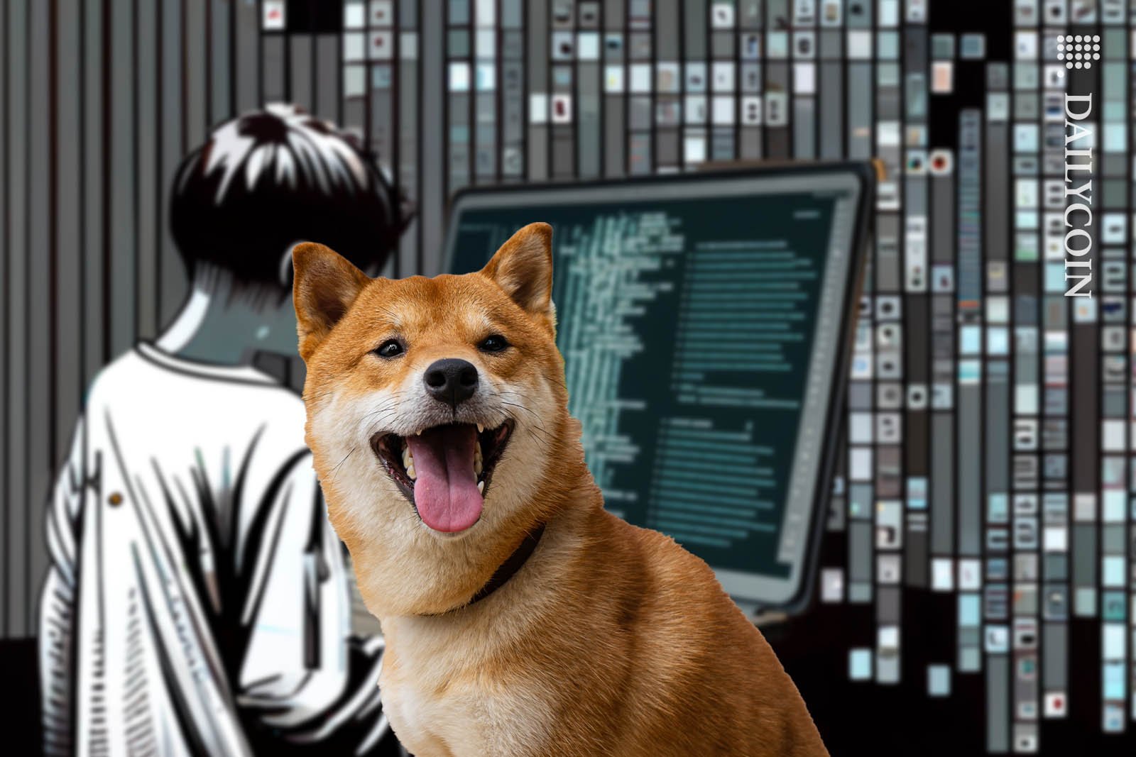 Shiba inu happy with a boy coding.