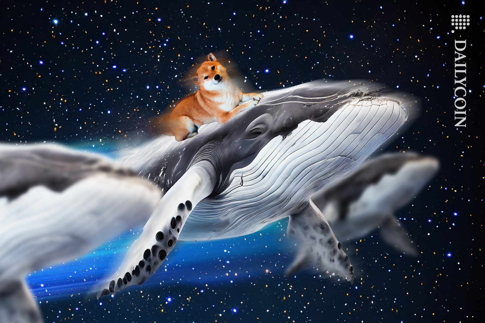 Shiba inu riding the whales in space.