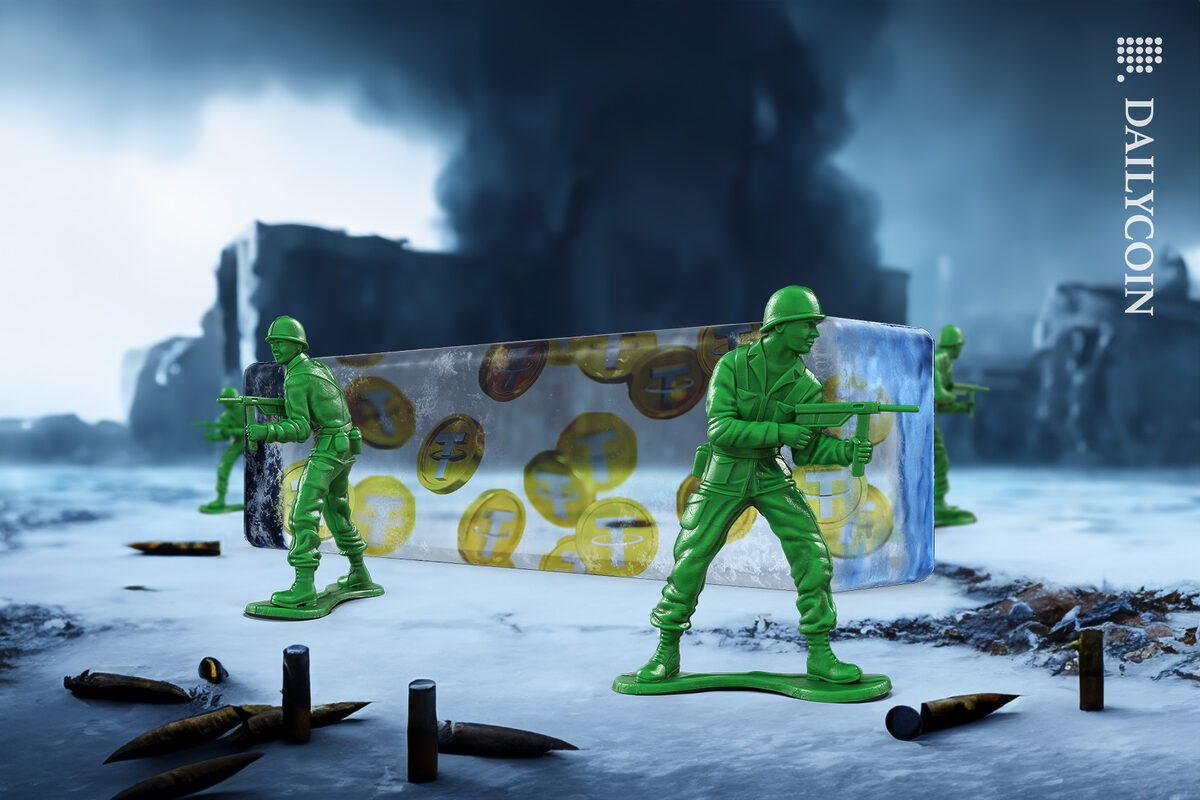Little green toy soldiers protecting the frozen Tether coins.