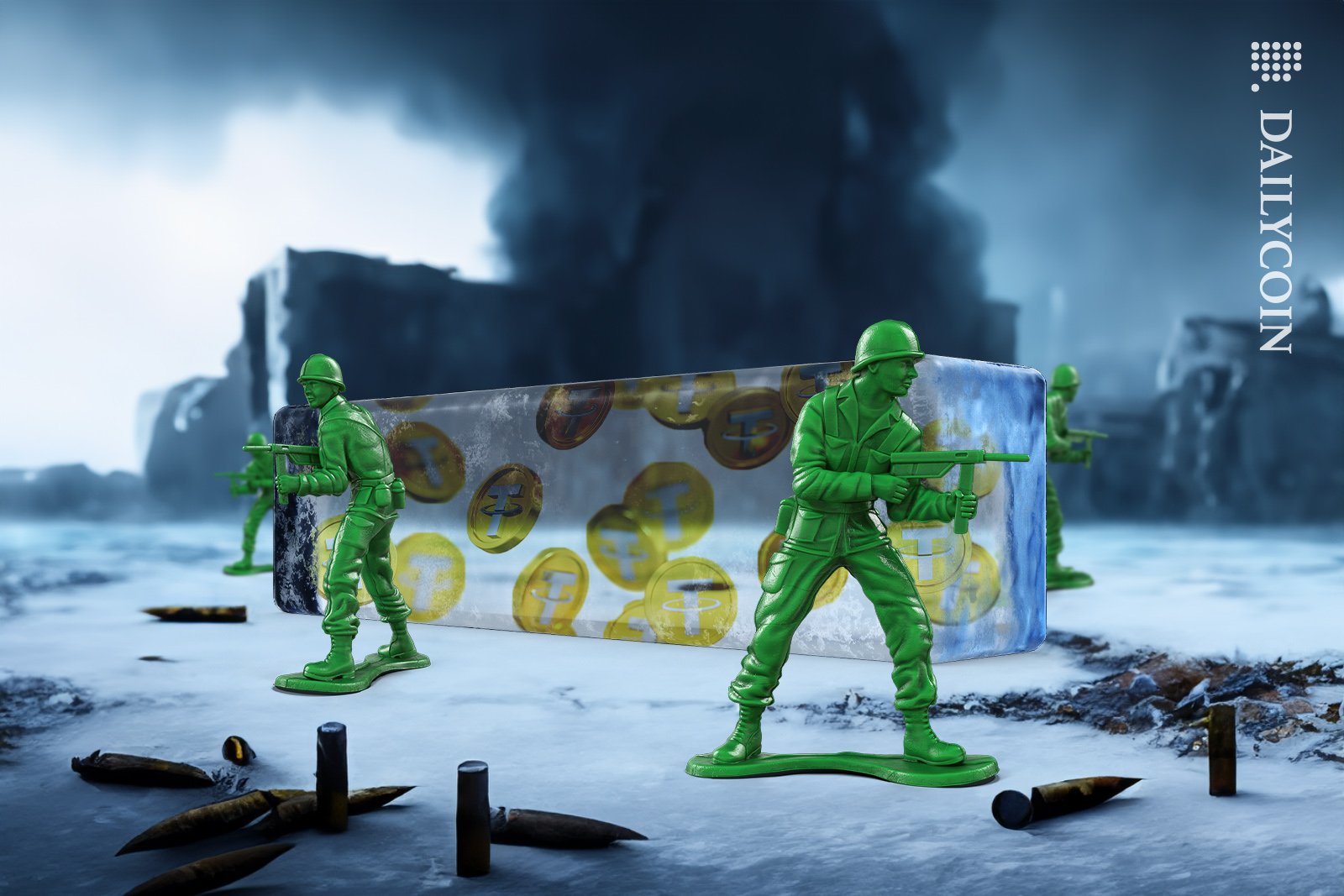 Little green toy soldiers protecting the frozen Tether coins.