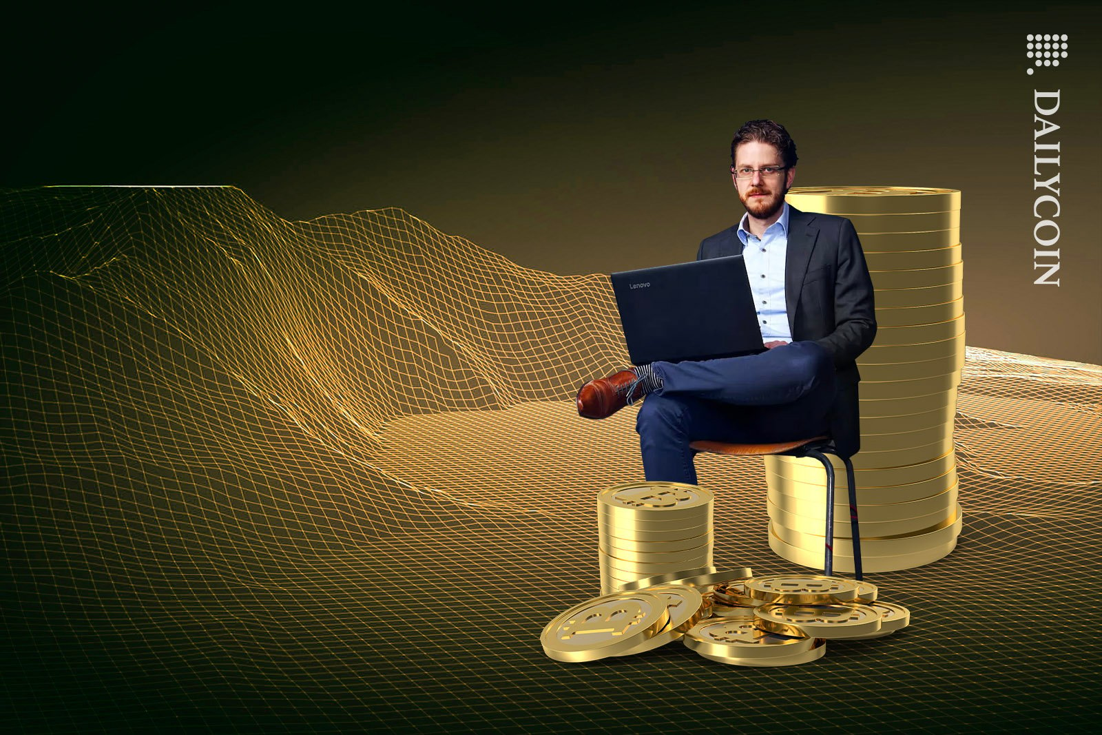 Alex de Vries sittin on a chair surrounded by Bitcoins.