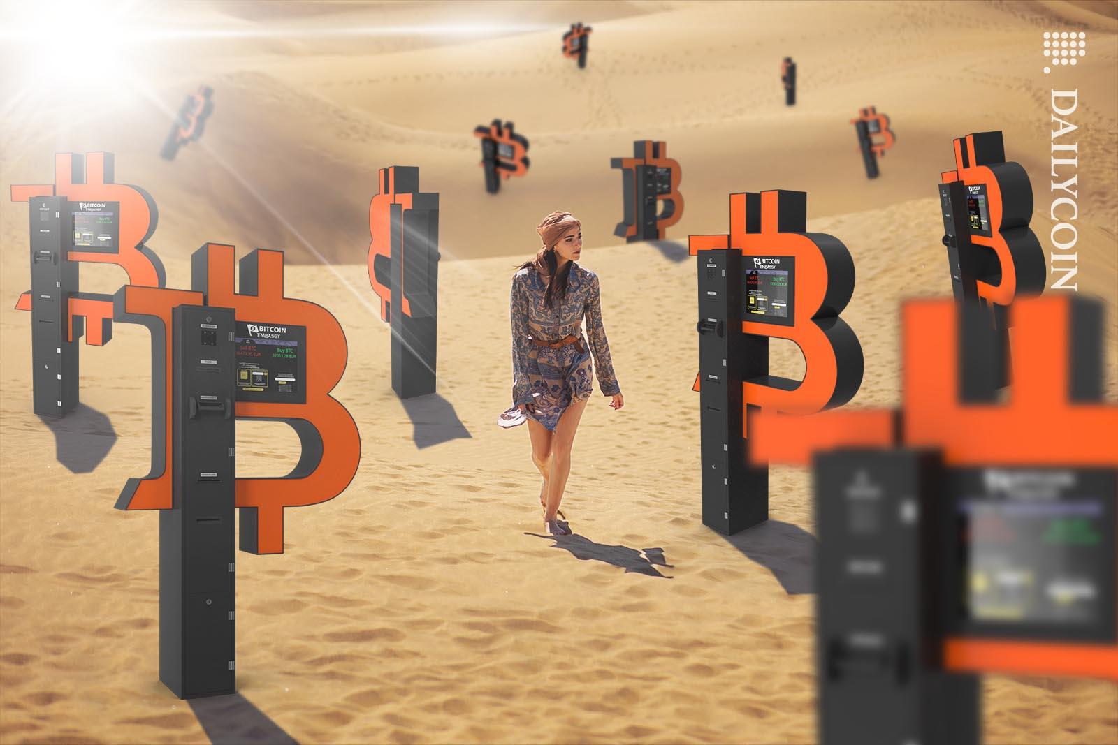 Woman walking in a desert surronded by Bitcoin ATMs.