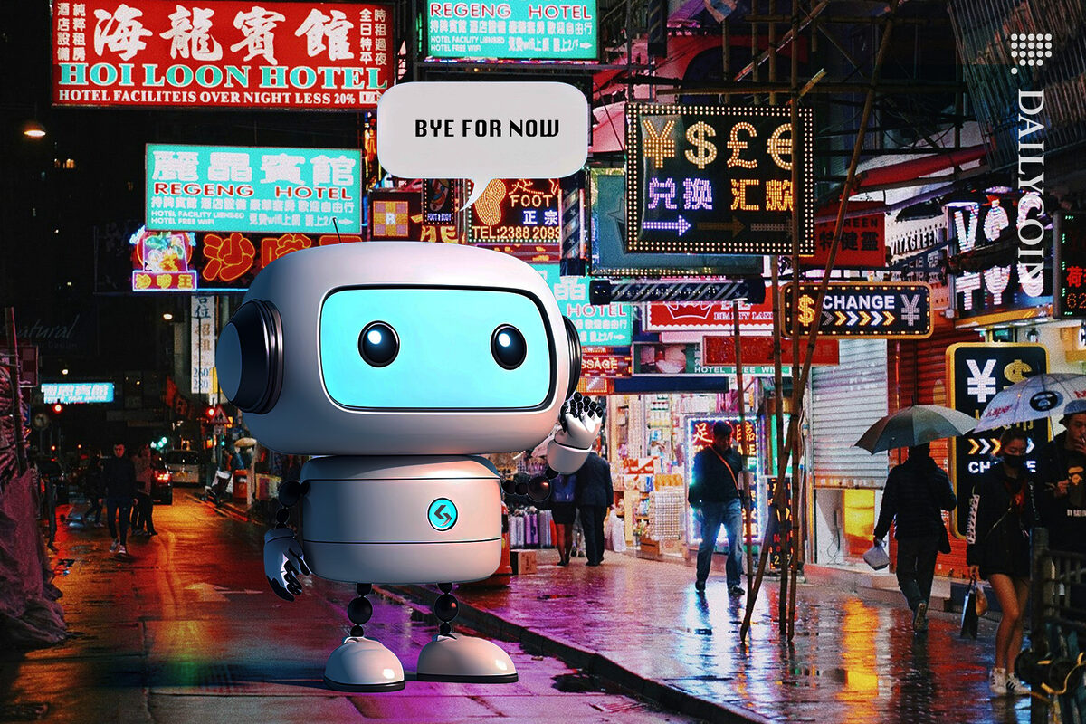 BitGet robot waving bye to Hong Kong saying bye for now.