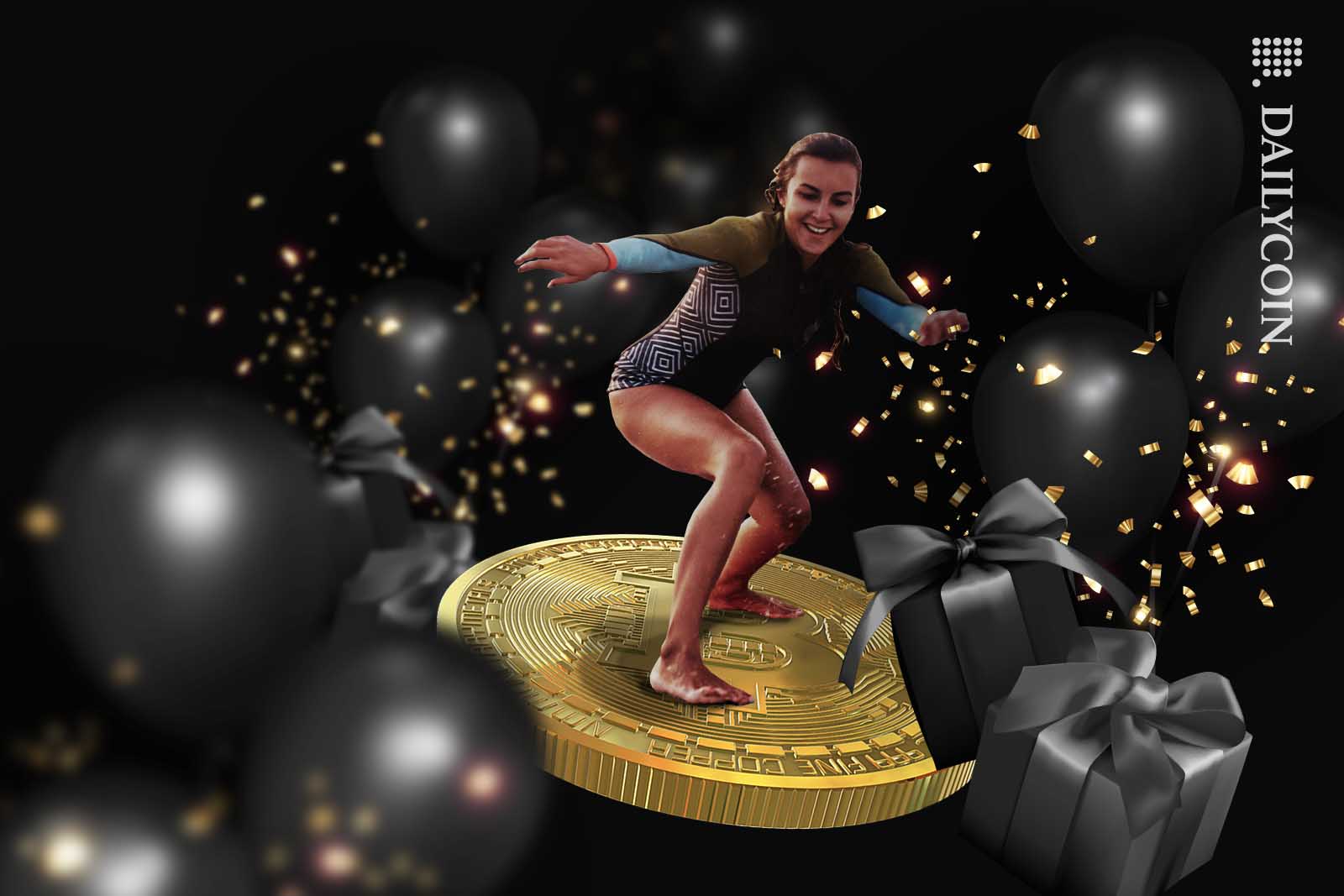 Woman enjoys surfing on a Bitcoin, saloming between presents and balloons.
