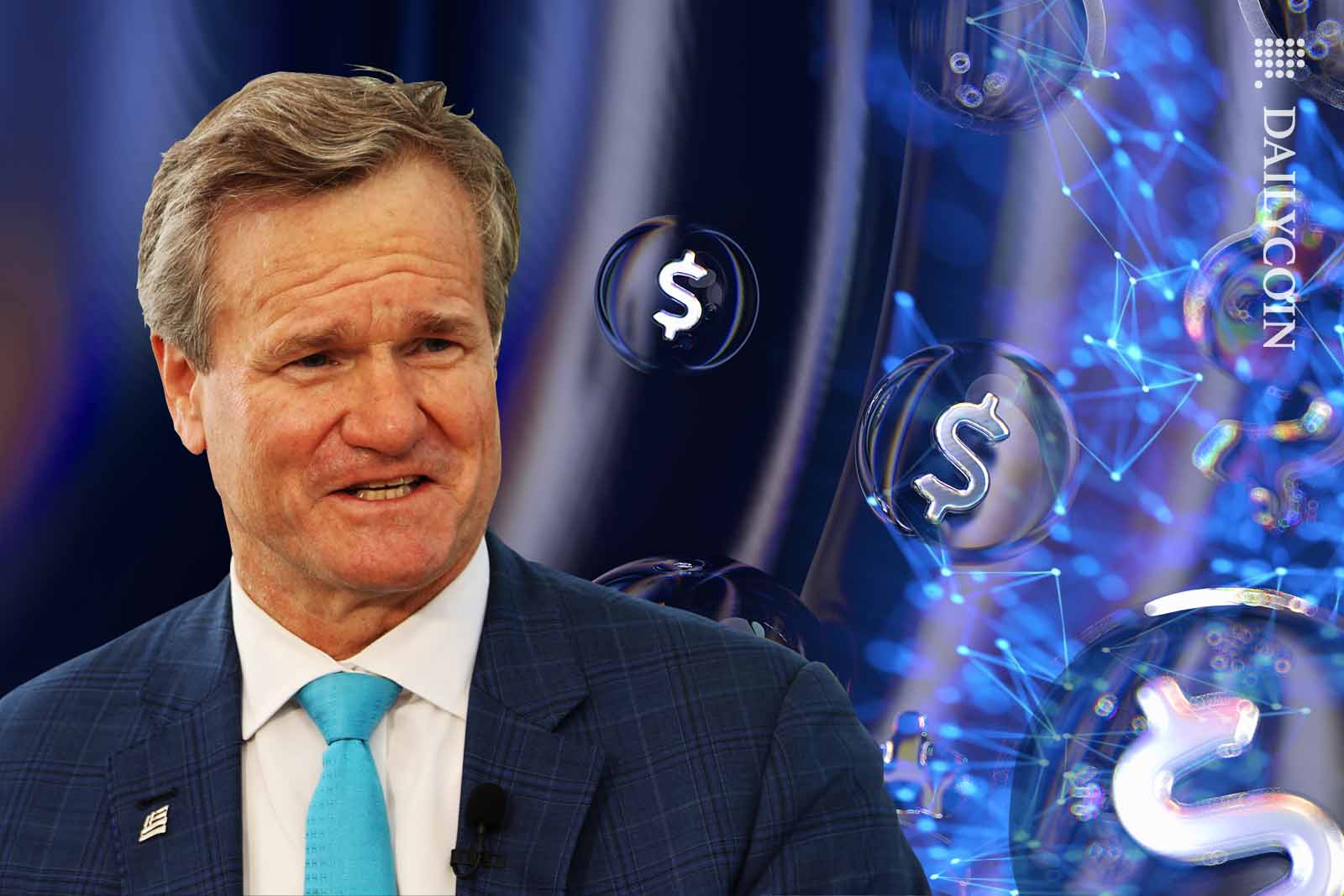 Brian Moynihan looks sceptical infront of some dollar signs in boubles.
