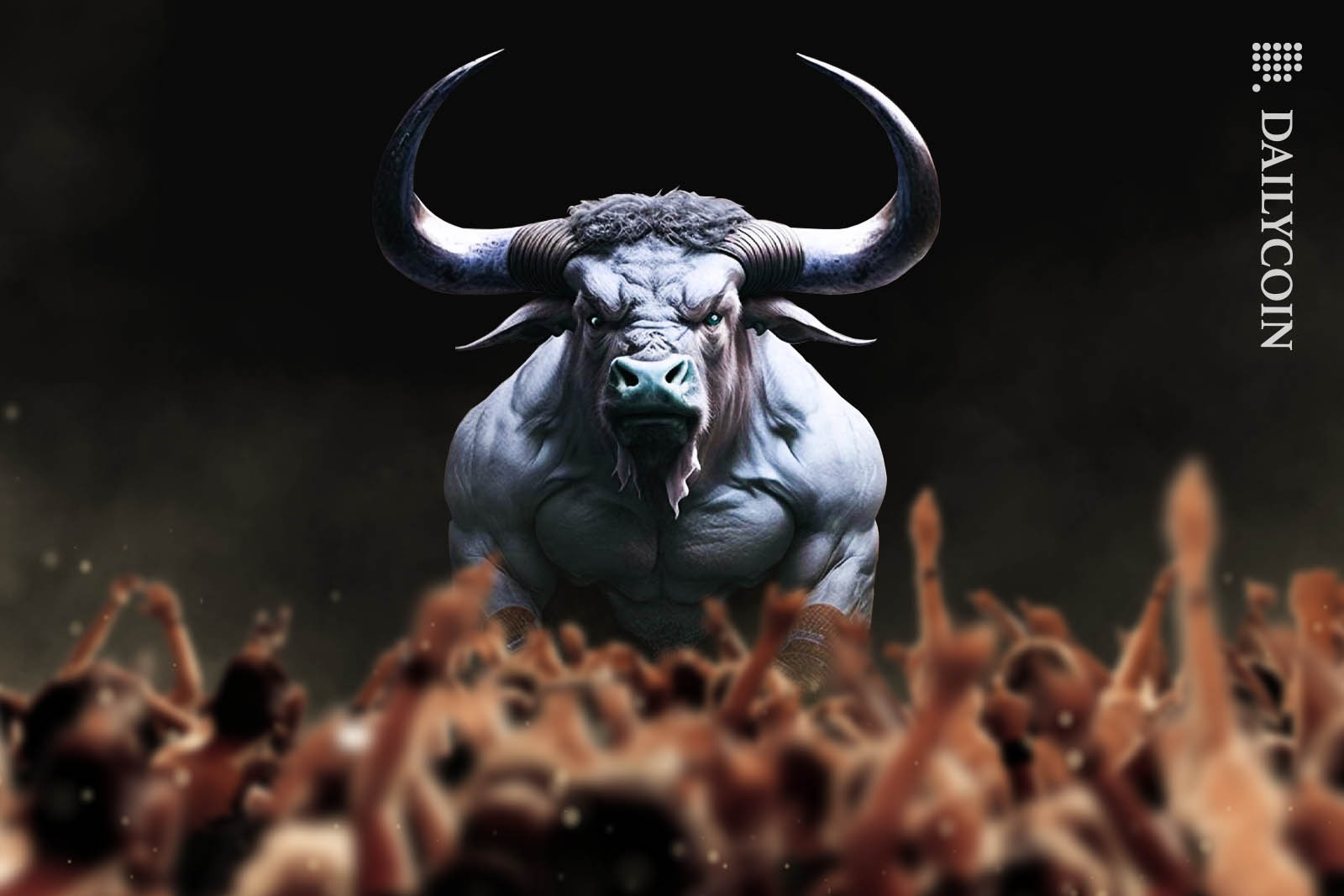 A bull with huge muscles being celebrated by a big crowd.