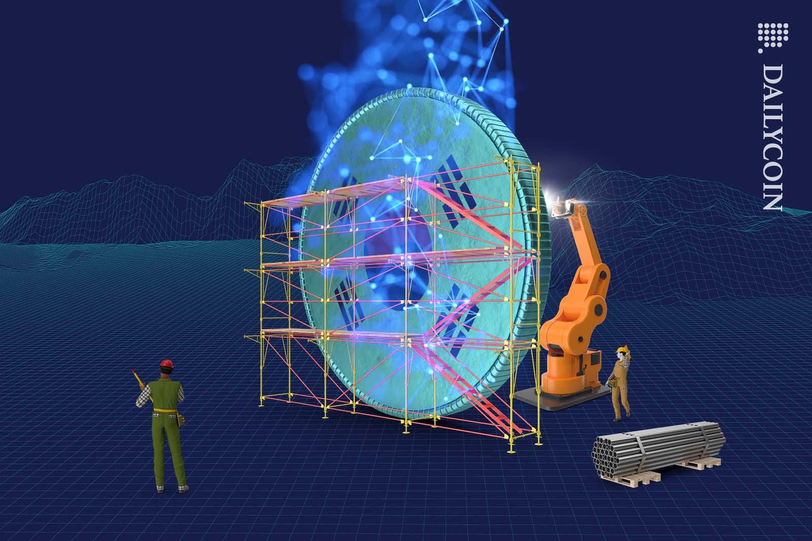 Digital coin surrounded by scaffolding being build by people and robots.