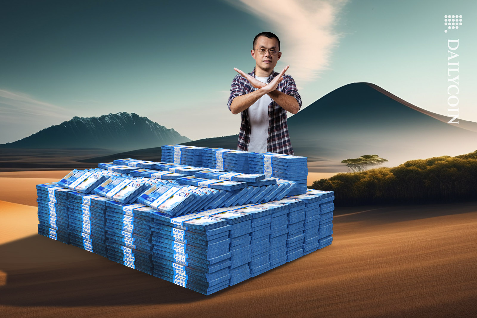 Changpeng Zhao Standing behing a huge pile of Russian Ruble, signaling that he doesn't want it.