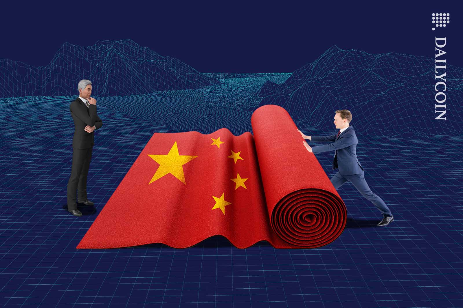 Man rolling up a Chinese flag carpet as an older asian man watches him.