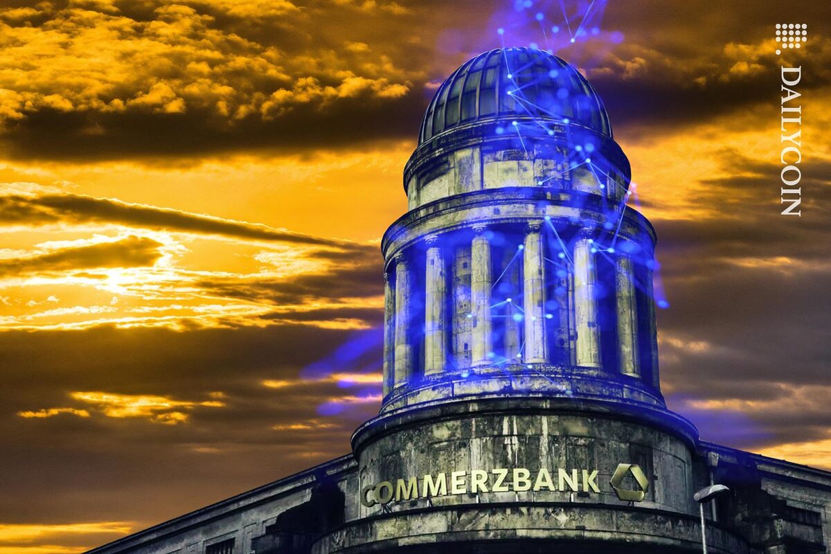 Commerzbank building being charged by blockchain power from the sky.