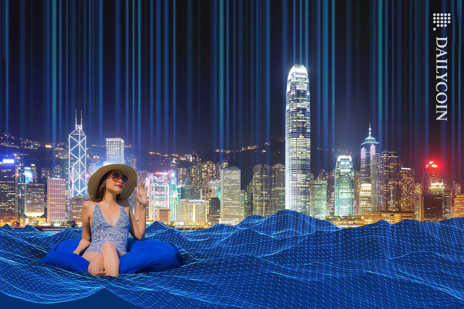 Young woman floating around in a digital sea with the Hong Kong Skyline in the background.