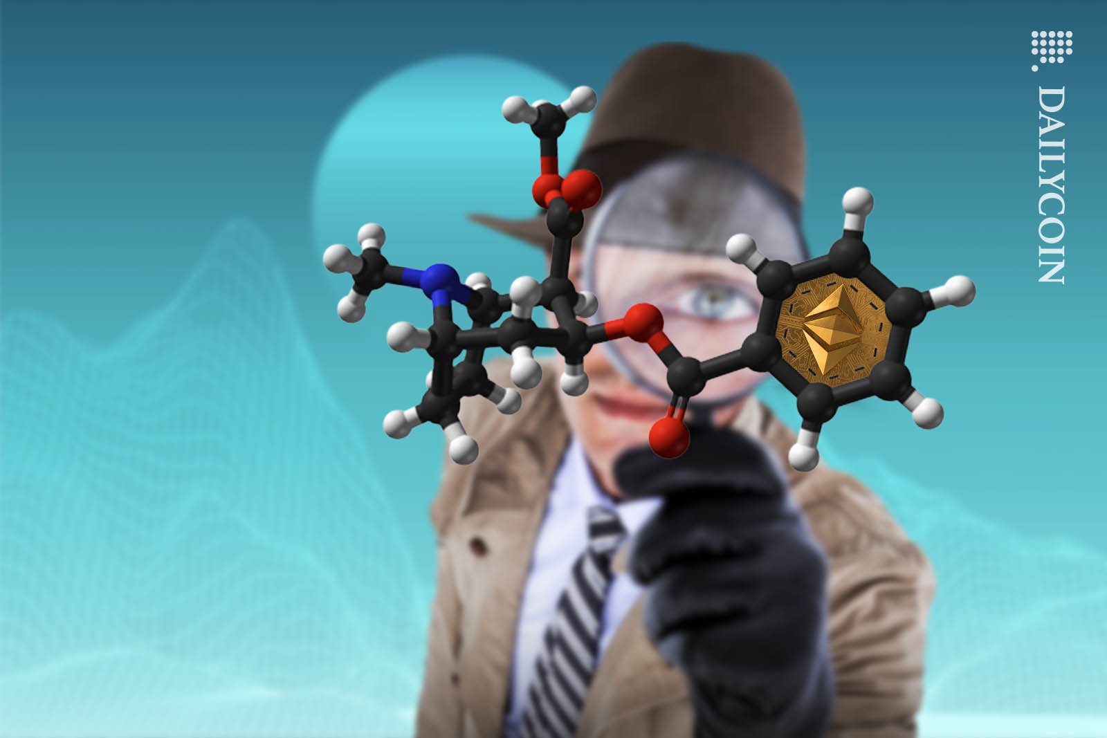 Detective with magnifying glass inspecting a Ball-and-stick model of the cocaine molecule, C17H21N1O4, enhaced by an Ethereum coin.