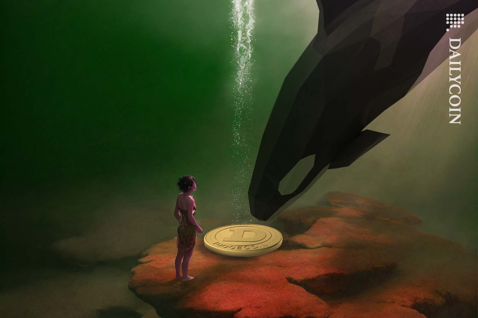 A low poly orca examining a Dogecoin on the bottom of the sea as a young girl stares at it.