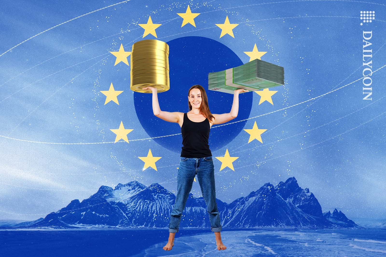 Woman holding up Stablecoins in one hand and cash in the other infront of an EU flag.