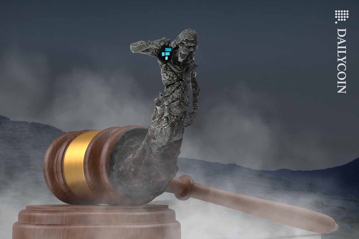Death looking creature emerging from a gavel, holding an FTX coin.