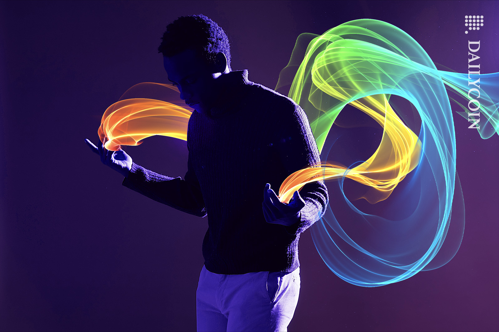 Man walking with colourful digital smoke coming out of his hands.