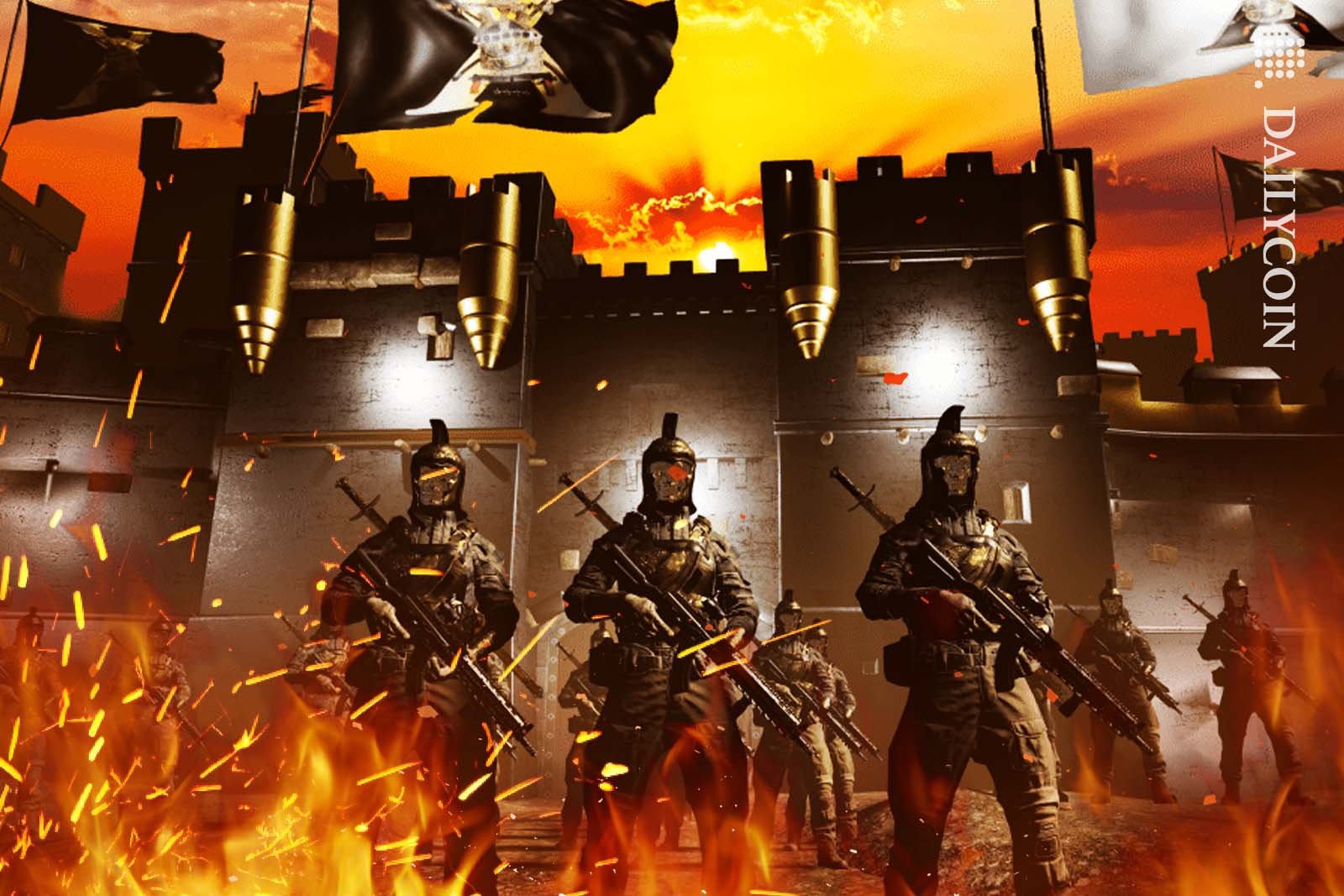 3 chronologically confused soldiers standing infront of a burning fortress.
