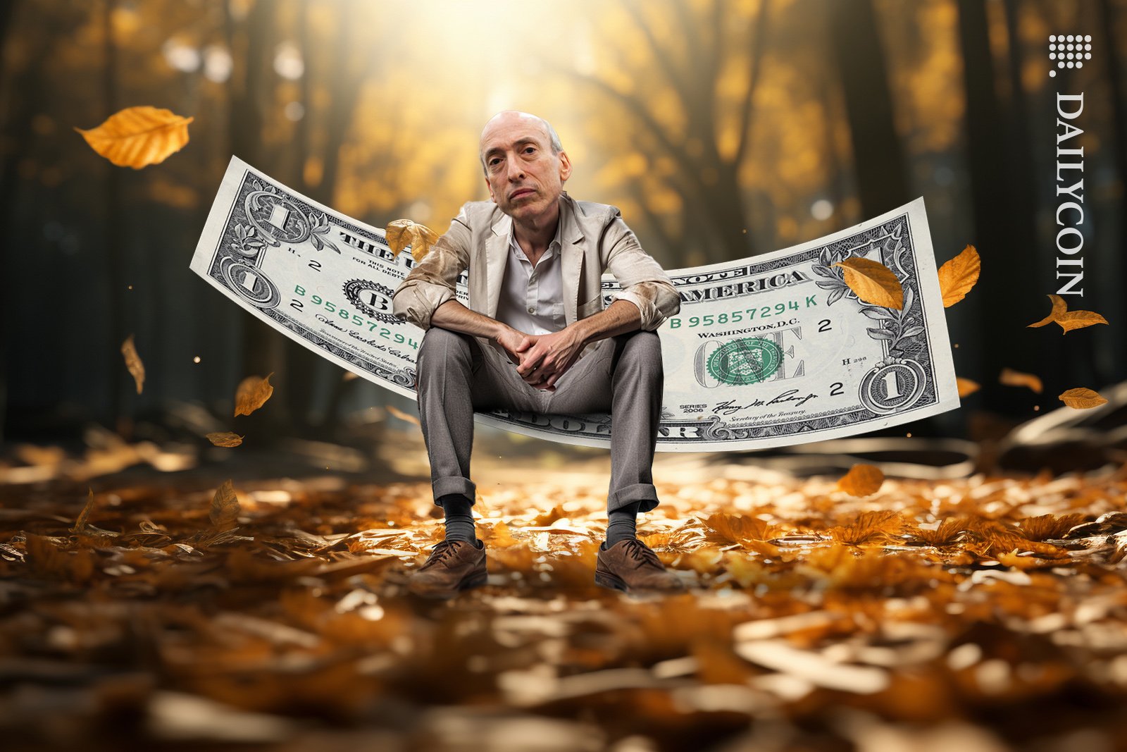 Gary Gensler sitting in the midst of falling leaves on one dollar looking unimpressed.