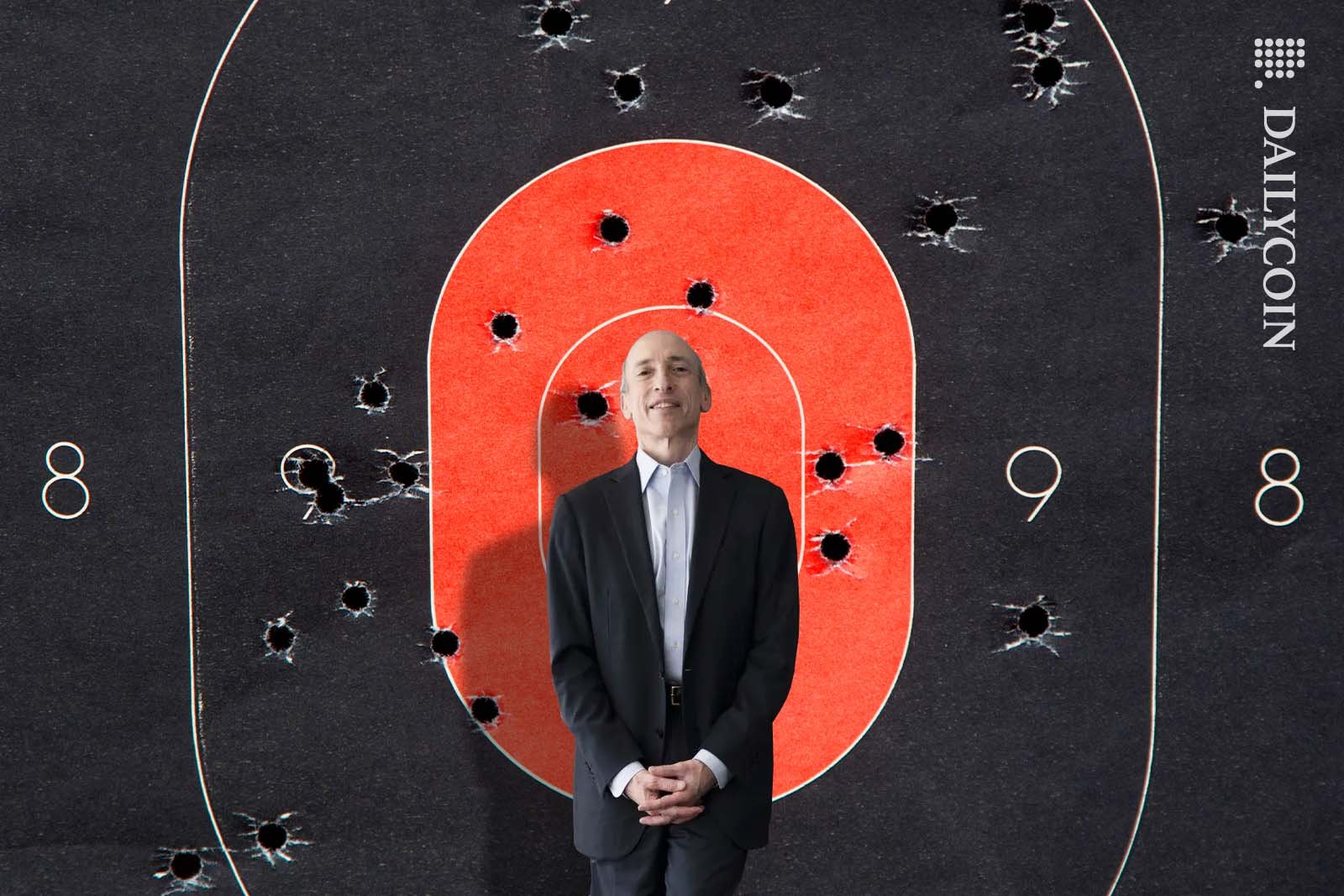 Gary Gensler standing infront of a giant target practice sheet with lots of bullet holes on it.