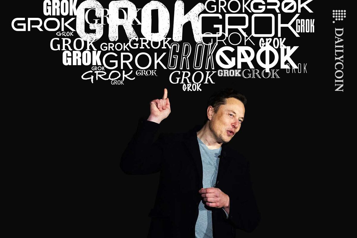 Elon Musk pointing at a typographic cloud with the word "GROK" written in many styles of fonts.