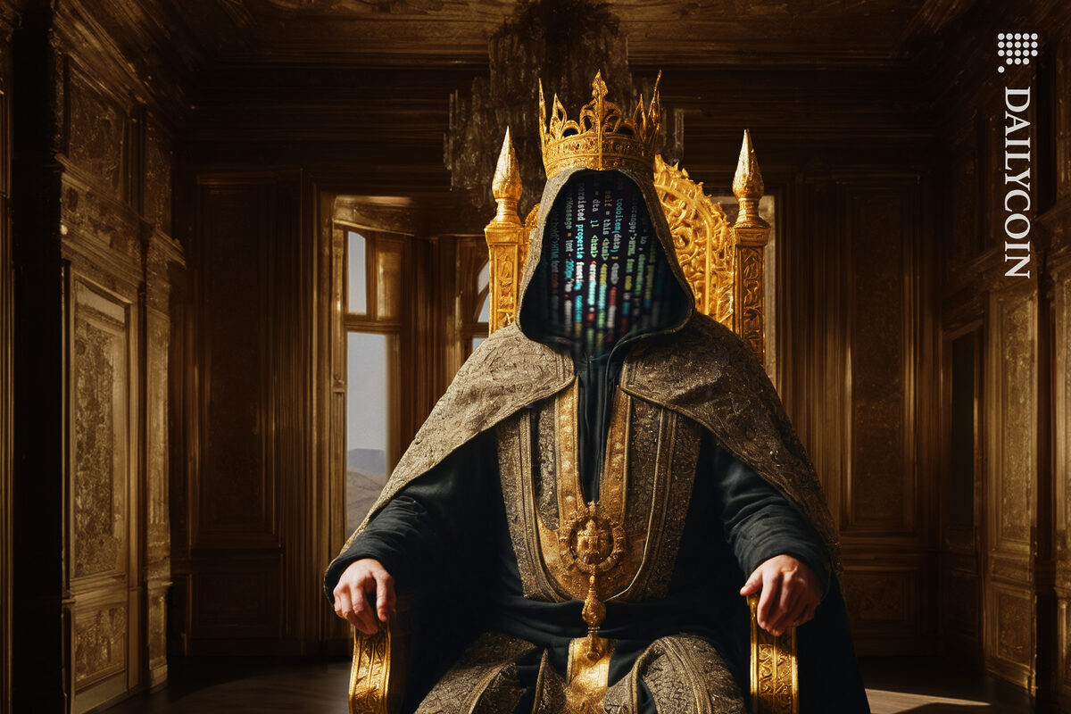 A hacker sitting in a throne in a golden room.