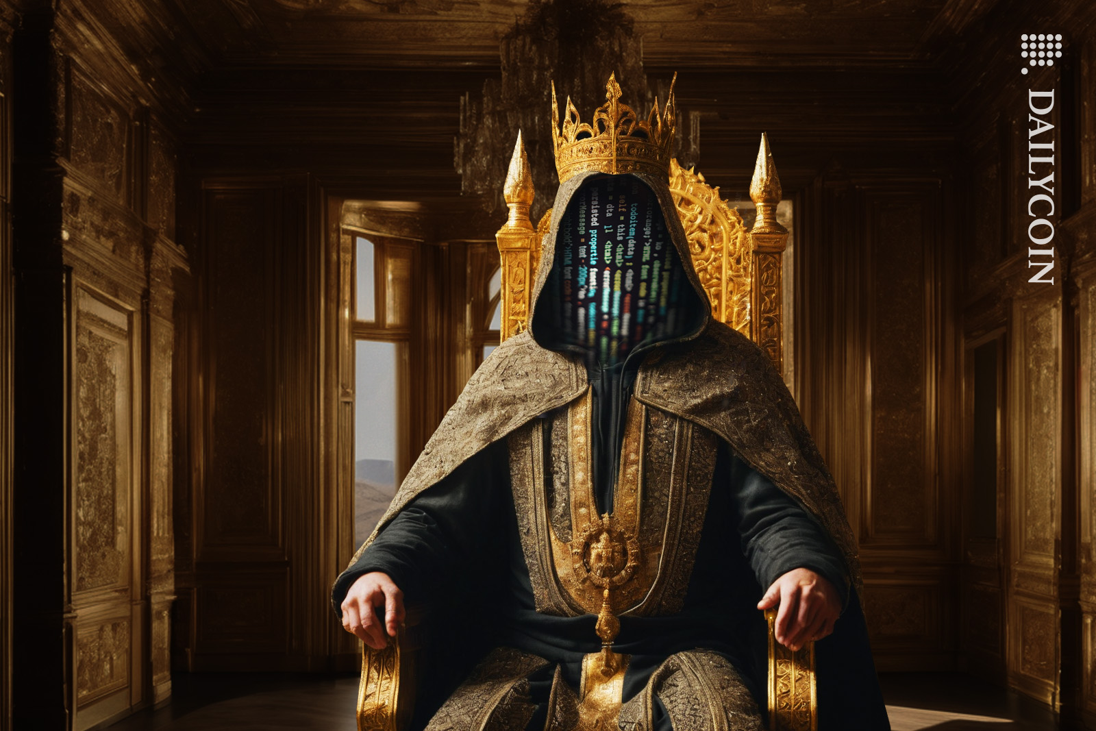 A hacker sitting in a throne in a golden room.