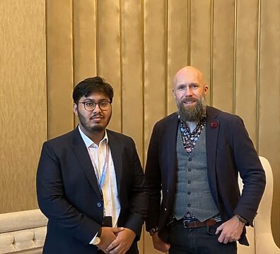 DailyCoin's reporter Insha Zia standing with Cardano Foundation CEO Frederik Gregaard at Cardano Summit 2023 in Dubai