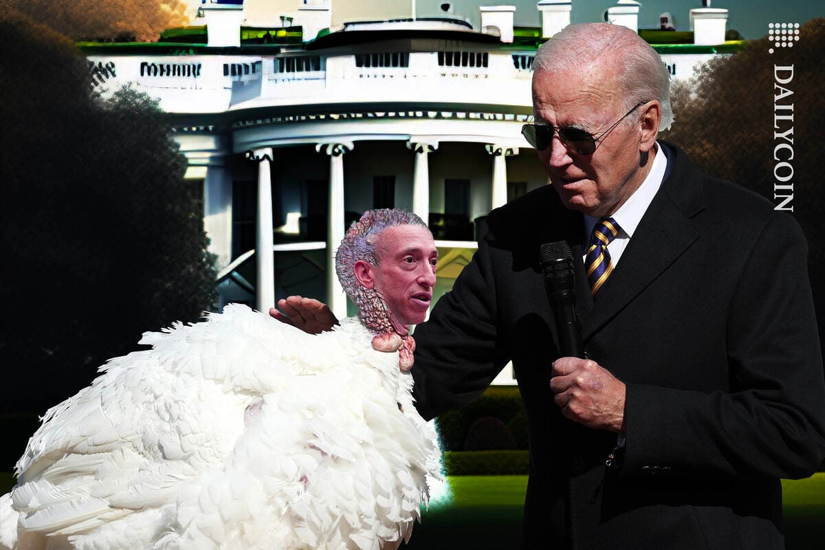 Joe Biden pardoning a turkey, who has the face of Gary Gensler, infront of the White House.
