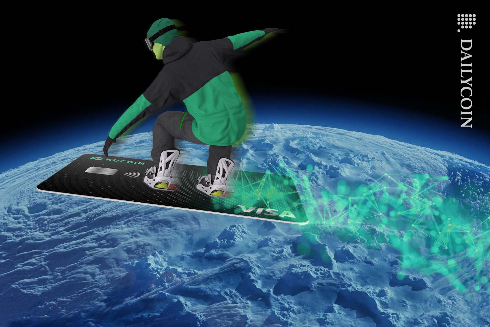 Snowboarder riding a Kucoin Visa card over an icy planet.